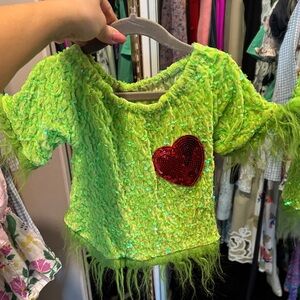 Green Sequin Grinch Top with Red Heart